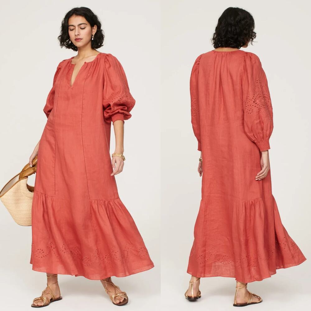Vanessa Bruno Arabelle Dress 100% Linen Bishop Sleeve Maxi Red FR 36 US 2 - 4